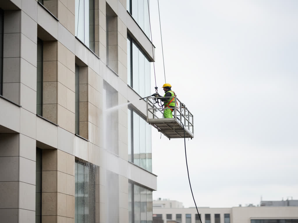 Técnico limpiando fachada con hidrolavadora y protección en altura