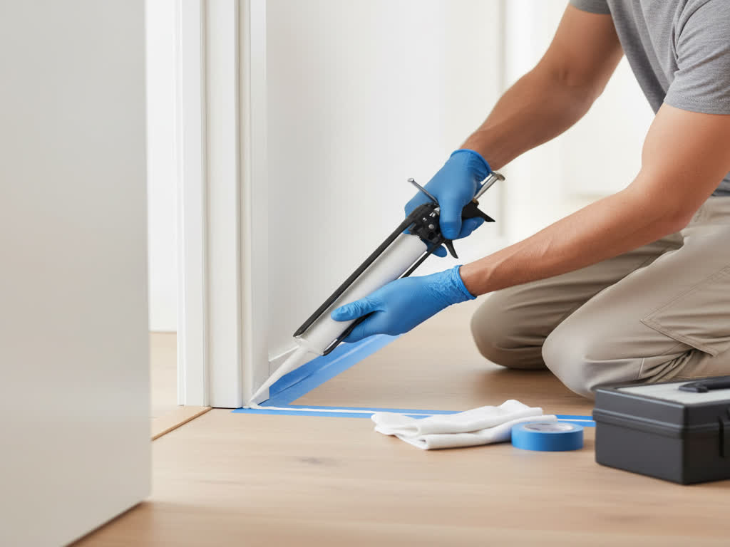 Técnico aplicando mantenimiento exprés en vivienda: sello de silicona y revisión eléctrica