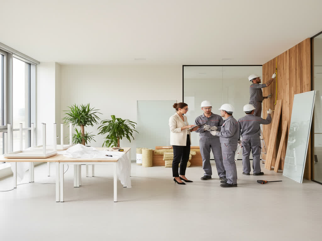 Oficina moderna en remodelación con materiales sostenibles y ergonomía