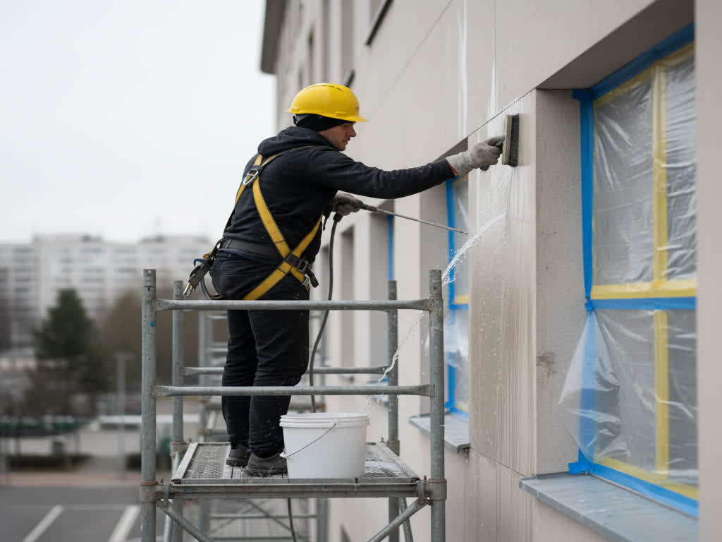 Técnico limpiando fachada con hidrolavadora ajustada para proteger acabados